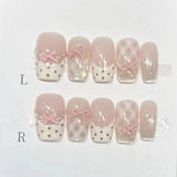 10Pcs Sweet Mid-length Ballet False Nails Art Fashion Pink Cat Eye Lovely Bow Wearable Finished Nails Set Summer Acrylic Nails