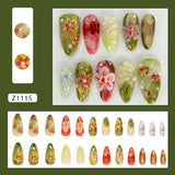 24pcs Flower Print Press on Nails Wine Red Blush Almond False Nail Tips Wearable Reusable Summer Spicy Girl Fake Nails