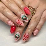 24PCS Medium Almond Press On Nails Wine Red Cute Cartoon Rabbit Bowknot Plaid Pearl False Nails Kawaii Nails Full Cover Wearable