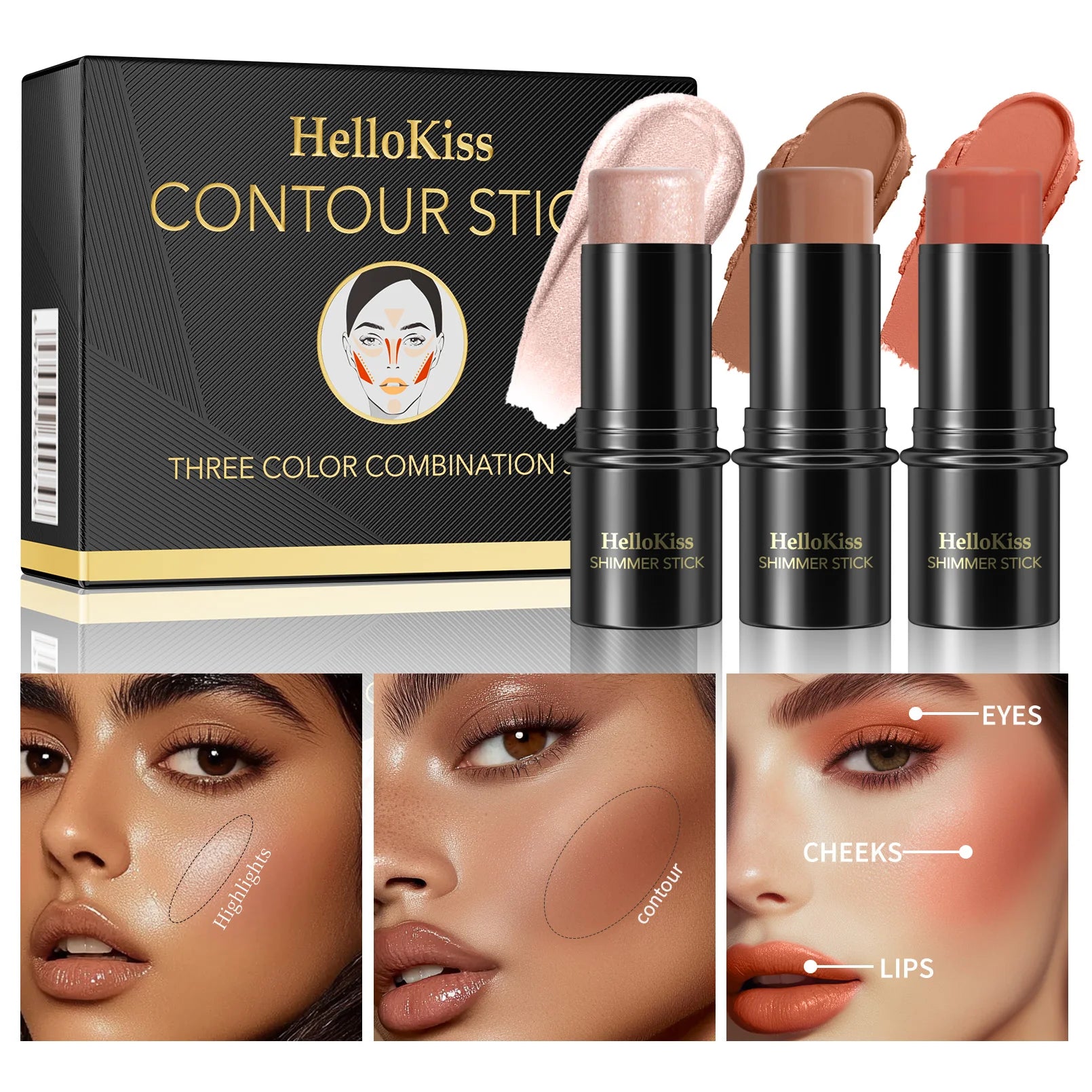 1 Set of 3 Contouring Sticks, Highlighter Stick, Blush Stick, 3-Piece Cream Contouring Set, Create Facial Contours, Non-Greasy