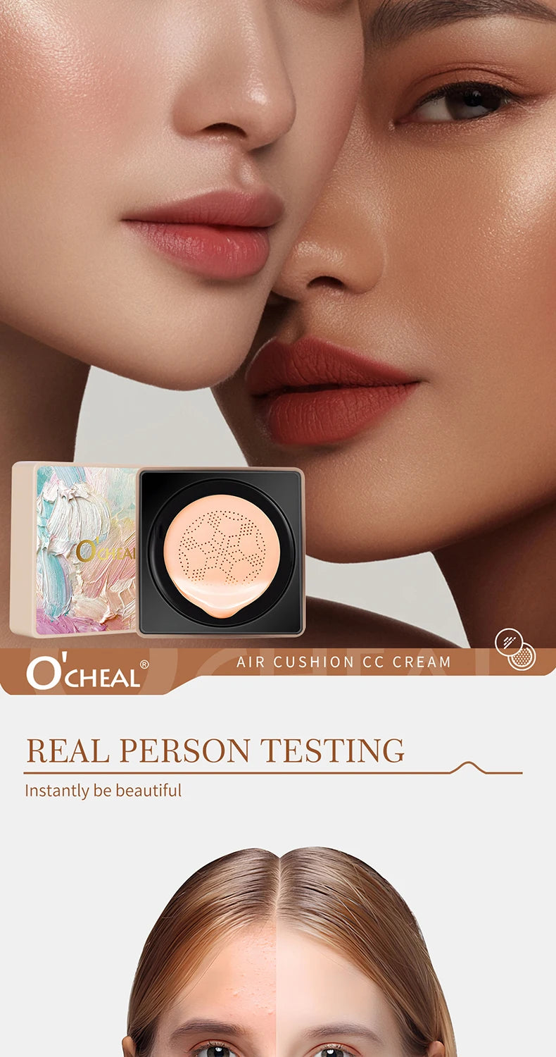 O'CHEAL Mushroom Cushion CC Cream Face Airy Coverage Long-lasting Moisturizing Waterproof Oil Control Concealer BB Cream Makeup