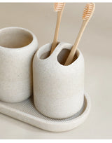 5Pcs athroom Accessories set  Lotion Dispenser Toothbrush Holder Tray Tumbler Cup Soap Dish Beige and Grey