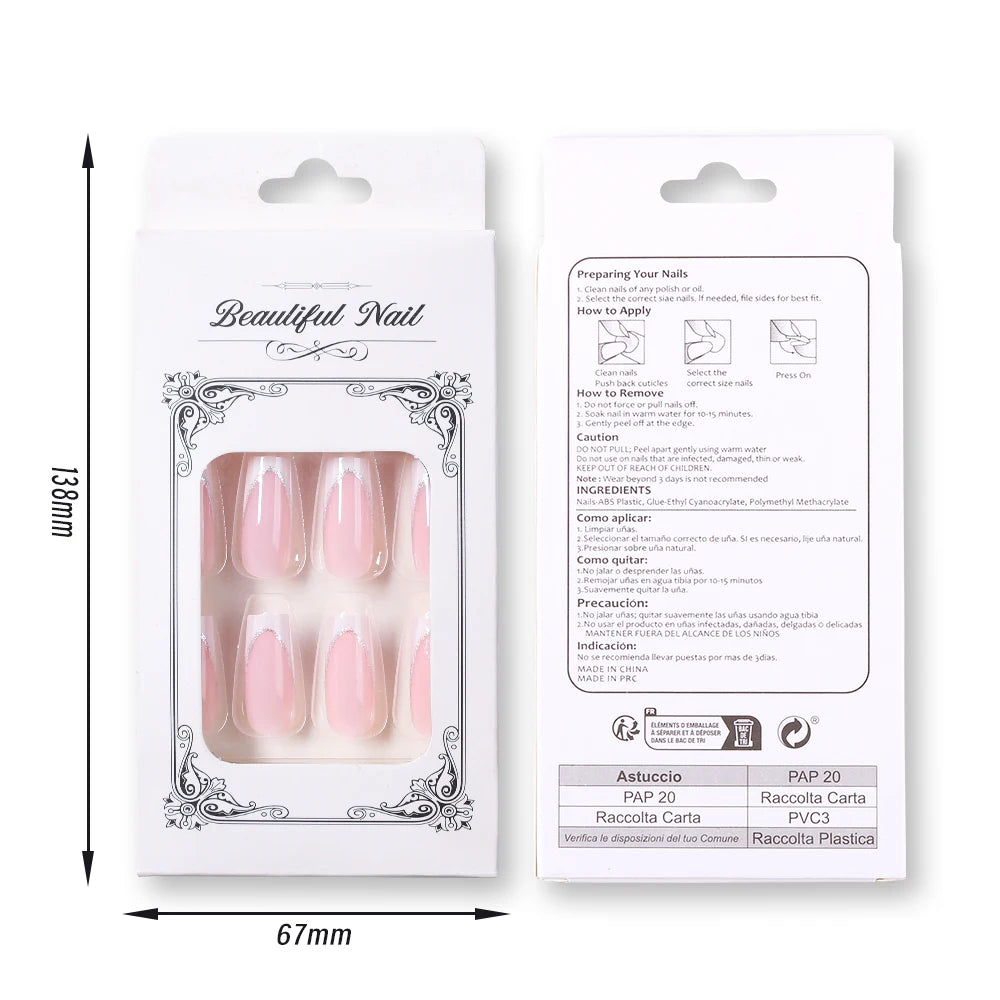 24Pcs Short Square Coffin False Nails French Glitter Wearable Fake Nails Acrylic Full Cover Women Ballet Press on Nails Tips