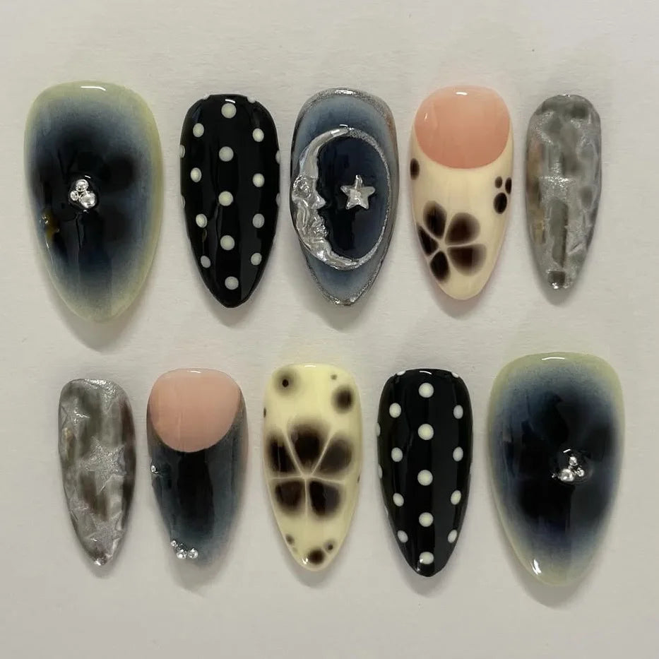 24Pcs Dark Press on Fake Nails with Black Glitter 3D Metallic Designs Sweet Cool Almond False Nails Detachable Nails Spice Girls