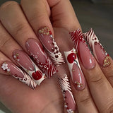 24Pcs Long Square Press on Nails Leopard Print French 3D Cherry Design False Nail Rhinestone Wearable Full Cover Fake Nails Tips