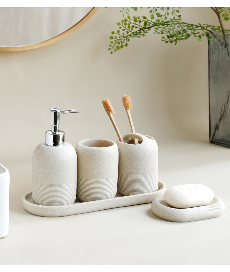 5Pcs athroom Accessories set  Lotion Dispenser Toothbrush Holder Tray Tumbler Cup Soap Dish Beige and Grey
