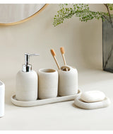5Pcs athroom Accessories set  Lotion Dispenser Toothbrush Holder Tray Tumbler Cup Soap Dish Beige and Grey