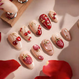 24pcs Wearable Press on Nails Strawberry Bow Design Nails Tips Red Short Almond Pearl Starlight Fake Nail Art Flower False Nails