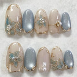 24Pcs Autumn Winter Matte Almond False Nails with Glue Rose Leaf Printing Nail Art Simple Full Cover Press on Acrylic Nails Tips