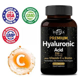 With Biotin & Vitamin C, Hyaluronic Acid 250 Mg, 3-in-1 - Skin Moisturization, Joint Comfort, Hair & Eye Health