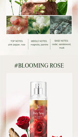 The fragrance spray has a long-lasting, faint floral scent with a fruity note. It is a fragrance body spray without alcohol.