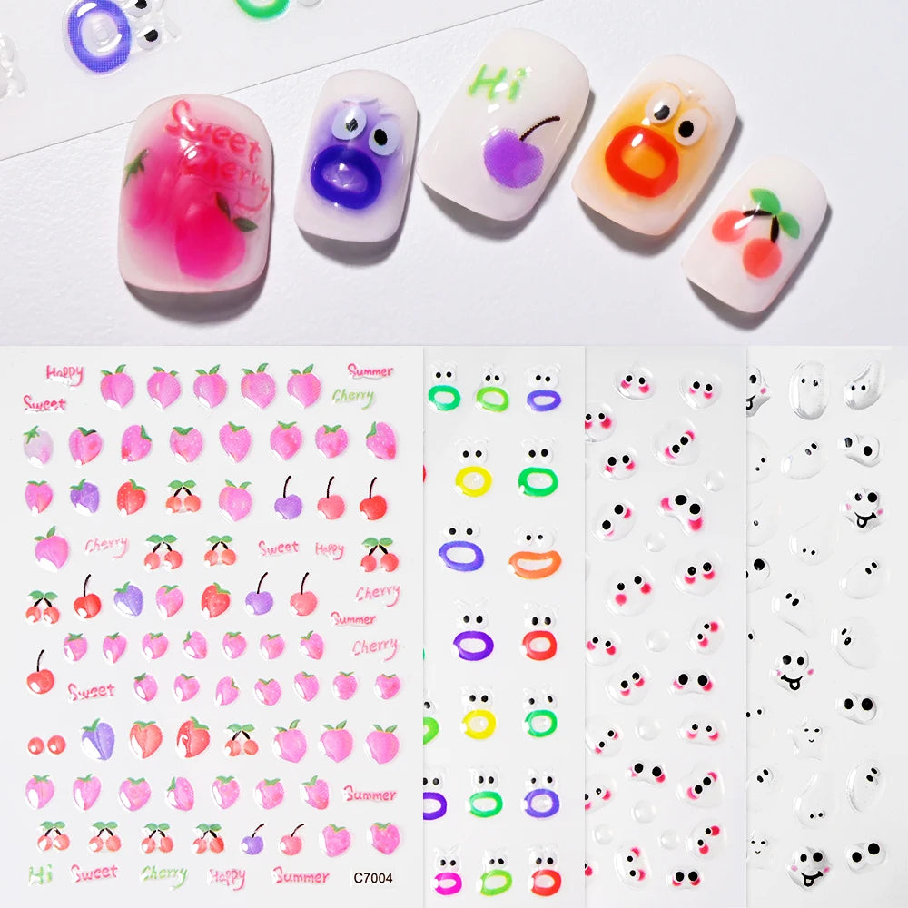 1PCS Summer Eyes 3D Jelly Nail Stickers Sausage Mouth Big Lips Smile Expression Design Self Adhesive Nail Art Stickers