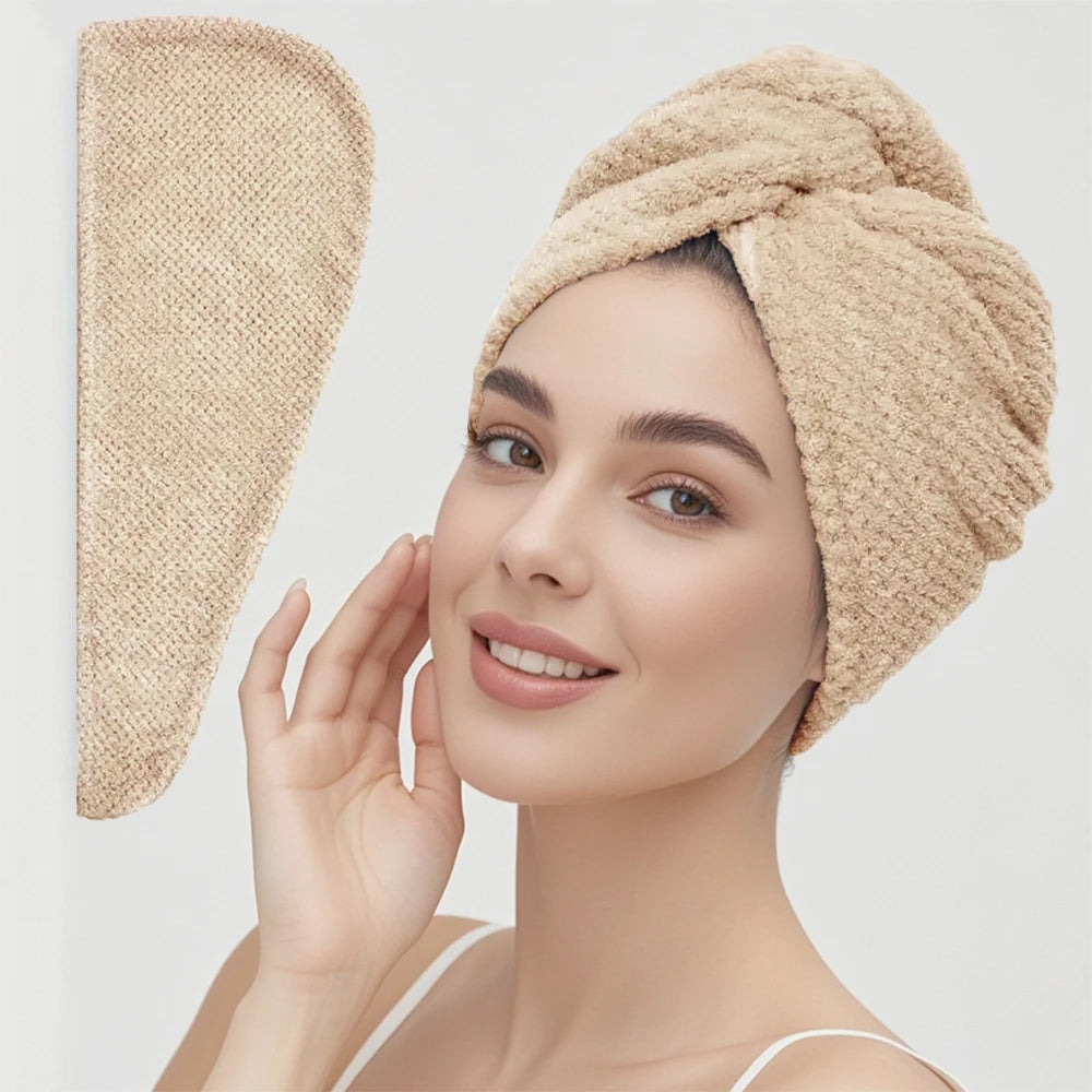 Solid Color Hair Towel Textured Dry Hair Cap 9.8' X 25.5' Absorbent Hair Towel Wrap for Button-Down Women
