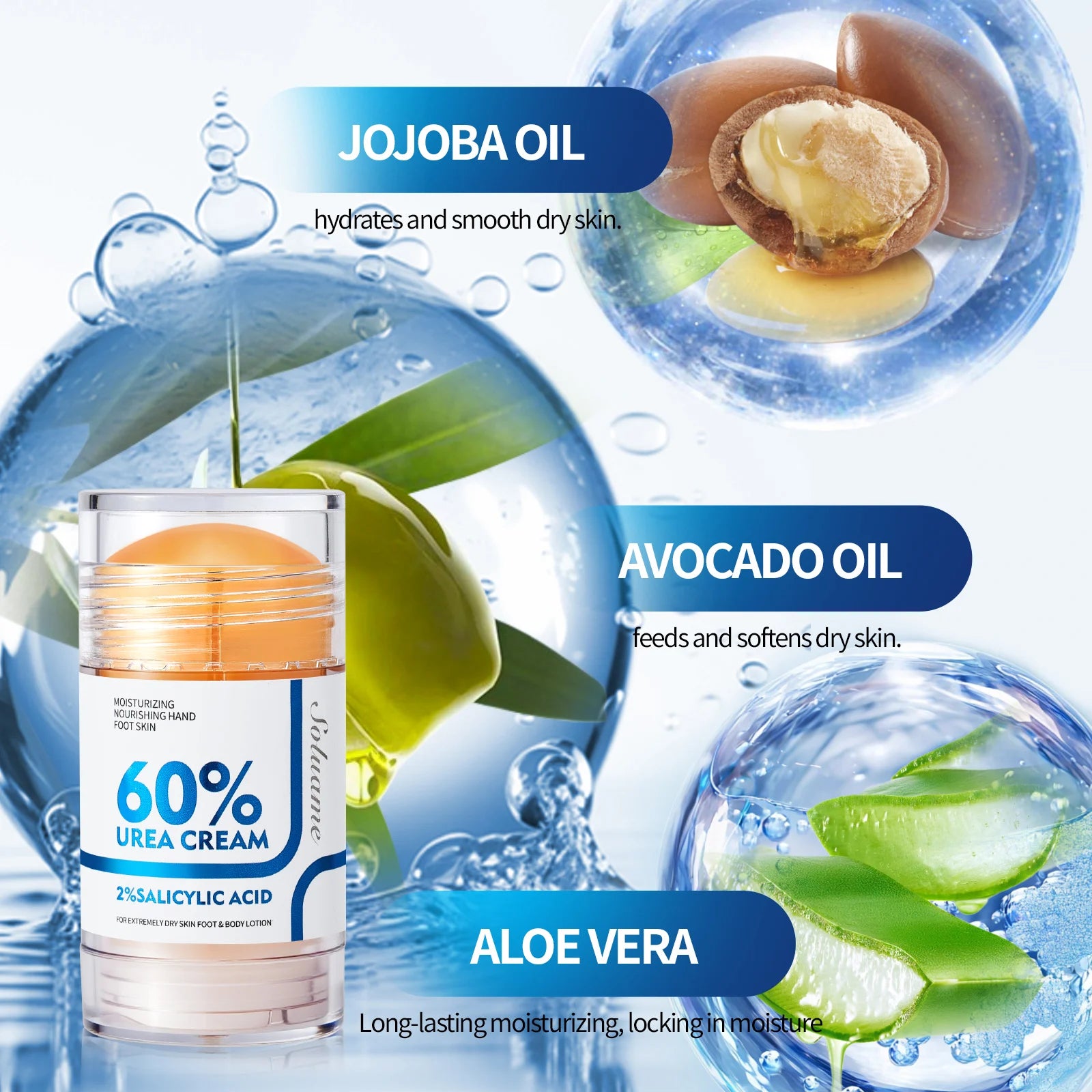 60% Urea Foot Cream Stick with 2% Salicylic Acid, Foot Care Cream Moisturizer for Dry Cracked Feet, Knees, Hands, Moisturizes Skin