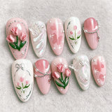 24pcs Wearable Press on Nails Strawberry Bow Design Nails Tips Red Short Almond Pearl Starlight Fake Nail Art Flower False Nails