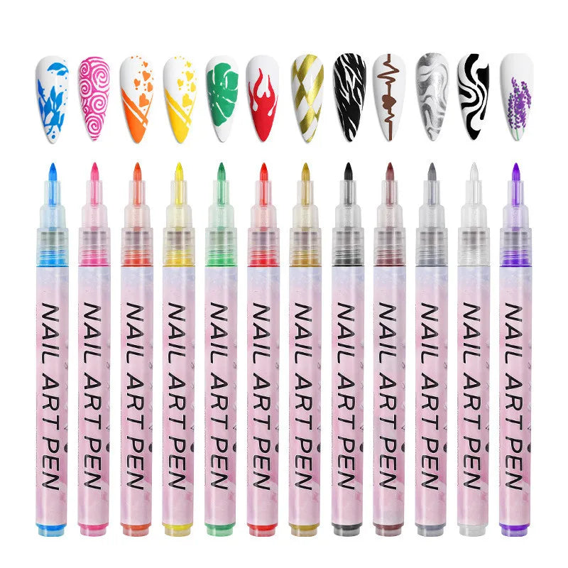 12Pcs/Set Colourful Waterproof Nail Art Graffiti Pen DIY 3D Nail Art Drawing Pen Abstract Line Manicure Tool Painting Liner