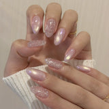 24Pcs Metallic Cat Eye French Sheer Manicure Tip Art Textured 3D Acrylic False Nails Nude Pink Almond Medium Press on Fake Nails