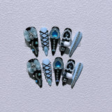 Long Stiletto Press on Fake Nails Blue Heart Diamond Bow Decoration False Nail Y2K Fashion Artificial Nail Handmade Acrylic Nail