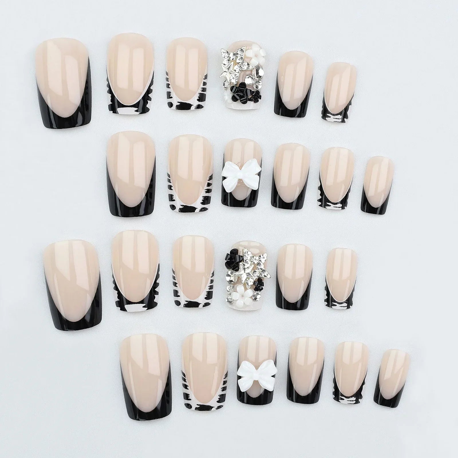 Y2K 24Pcs Set French Style Black & White Tie Dye Polka Dot Press-On Nails, Reusable, With Bowknot, Star Rhinestones, Cute & Chic, Suitable For Dates, Spring, New Year, Christmas, Daily, Birthday, Festival, Spring/Summer New A