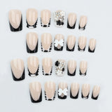 Y2K 24Pcs Set French Style Black & White Tie Dye Polka Dot Press-On Nails, Reusable, With Bowknot, Star Rhinestones, Cute & Chic, Suitable For Dates, Spring, New Year, Christmas, Daily, Birthday, Festival, Spring/Summer New A