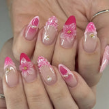 24PCS Pink Almond Press on Nails Full Cover Carved Flower 3D Ripples French Fake Nails for Women with Golden Pearl Wearable Nail