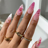 24PCS Pink Almond Press on Nails Full Cover Carved Flower 3D Ripples French Fake Nails for Women with Golden Pearl Wearable Nail