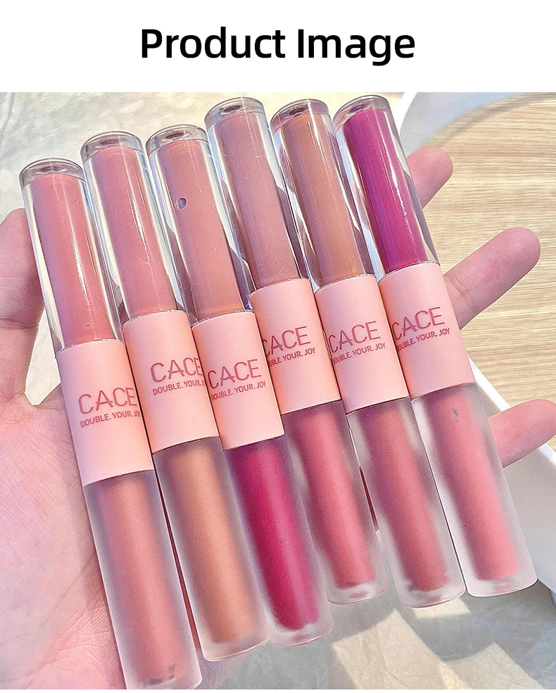 CACE Double Head Lip Gloss Sexy Red Lip Makeup Lip Mud Mirror Water Gloss Lip Glaze Matte Lipstick Waterproof Korean Cosmetics