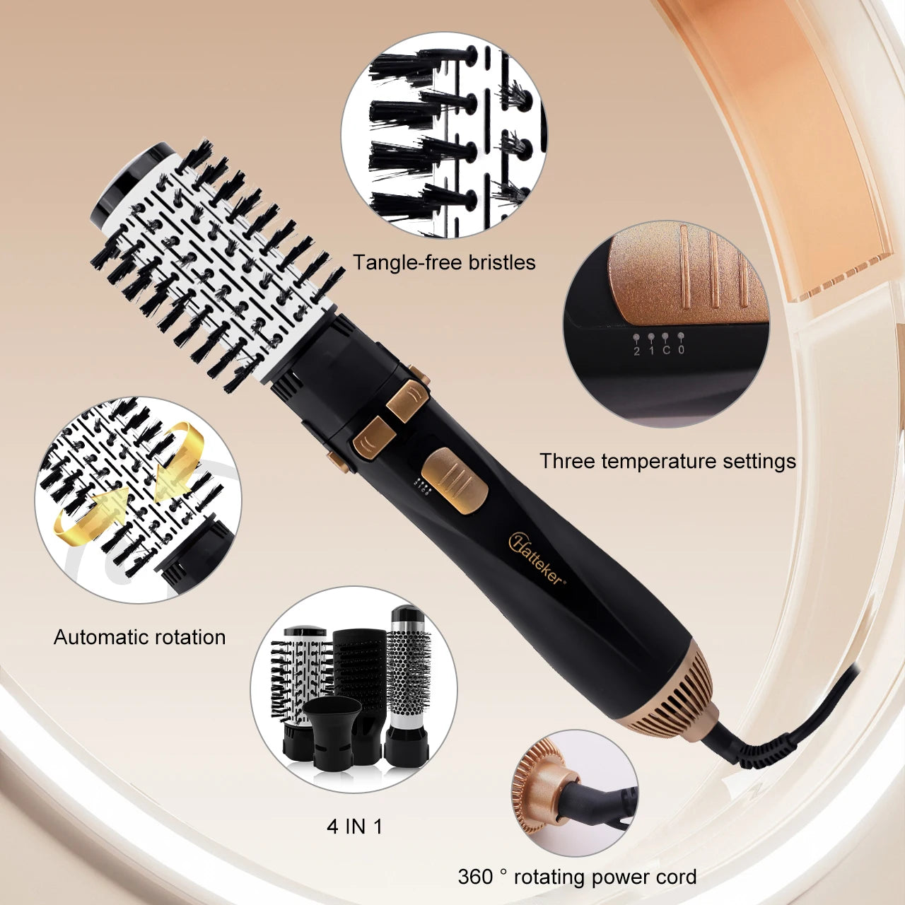 Hatteker EU 4-Head Hair Dryer Hot Air Brush Strong Wind Electric Straightener Curler Roller Comb Blower Styling Tool for Women