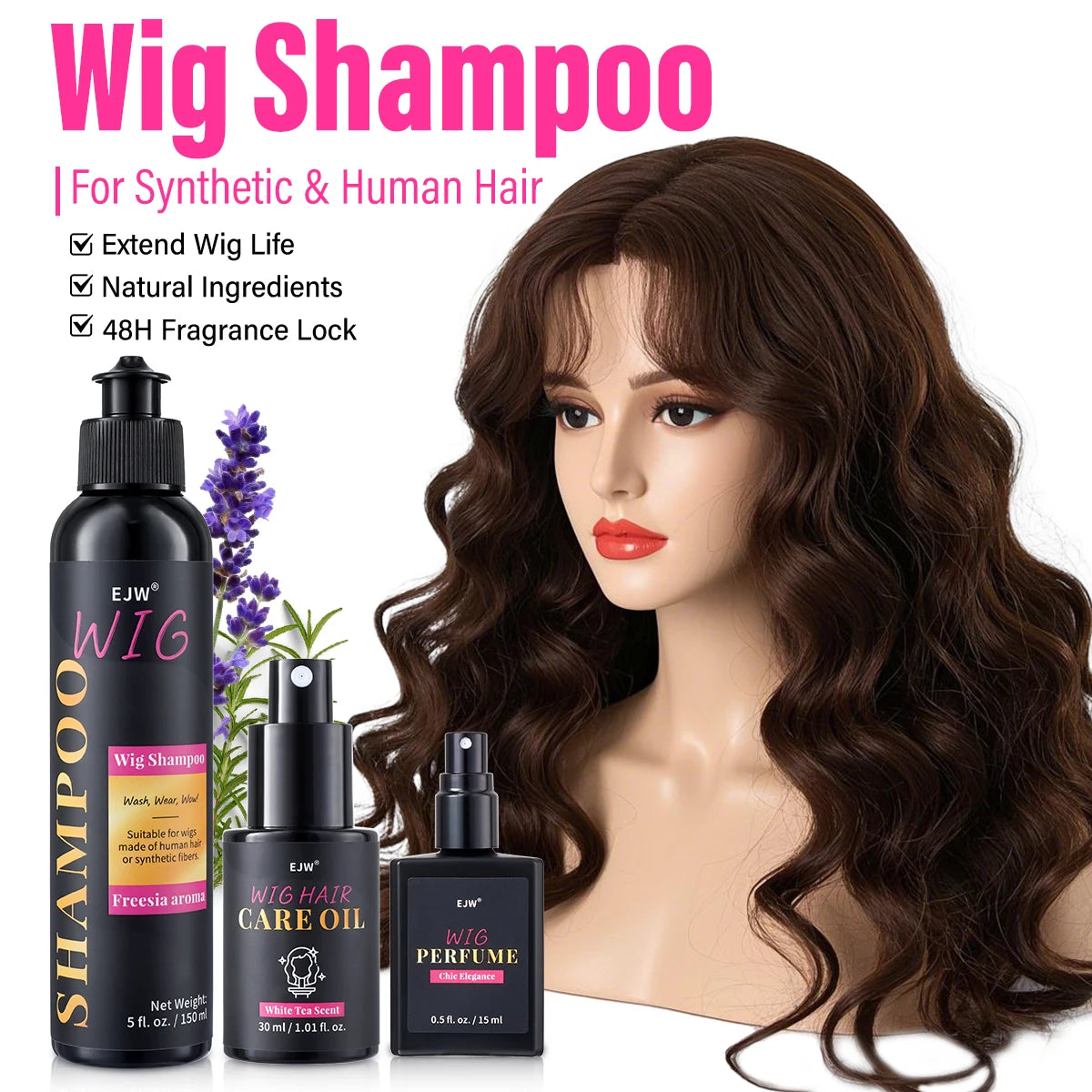 Wig Shampoo, Wig Hair Care, Coconut Oil Formula for Dry Hair, Hydrates & Smooths, Anti-Frizz, Easy Combing, Extends Service Wig