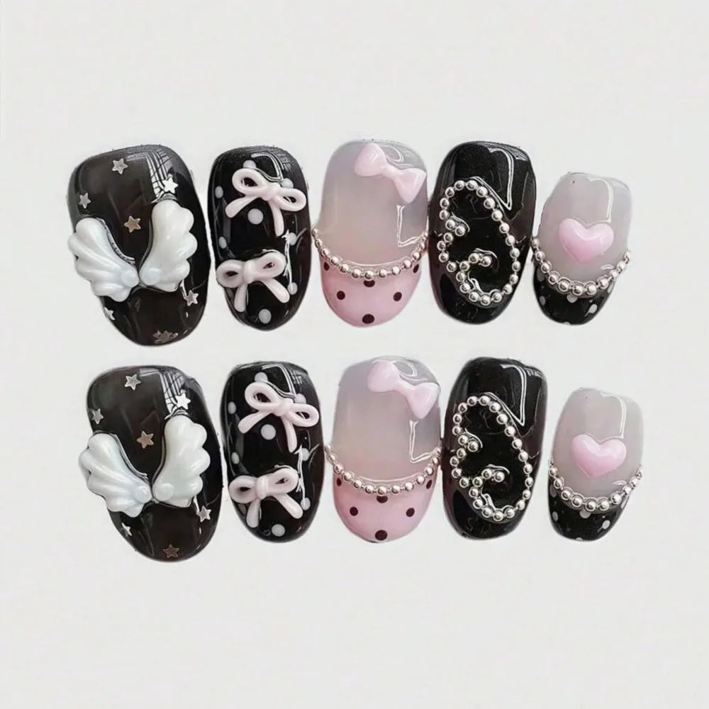 10pcs pure hand pressed short circular nail art, beautiful fake nails, sweet and cool pink bow, suitable for women to use