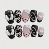 10pcs pure hand pressed short circular nail art, beautiful fake nails, sweet and cool pink bow, suitable for women to use