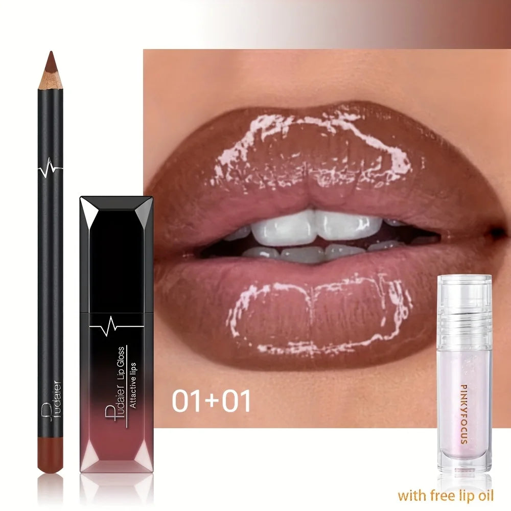 3PCS Ombre Lip Kit: Lip Liner + Lip Gloss + Lip Oil, Gradient Lips Makeup, Nude Shades, Hydrating, Non-Sticky