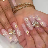 24Pcs Long Square Press on Nails Leopard Print French 3D Cherry Design False Nail Rhinestone Wearable Full Cover Fake Nails Tips