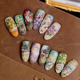 24pcs Flower Print Press on Nails Wine Red Blush Almond False Nail Tips Wearable Reusable Summer Spicy Girl Fake Nails