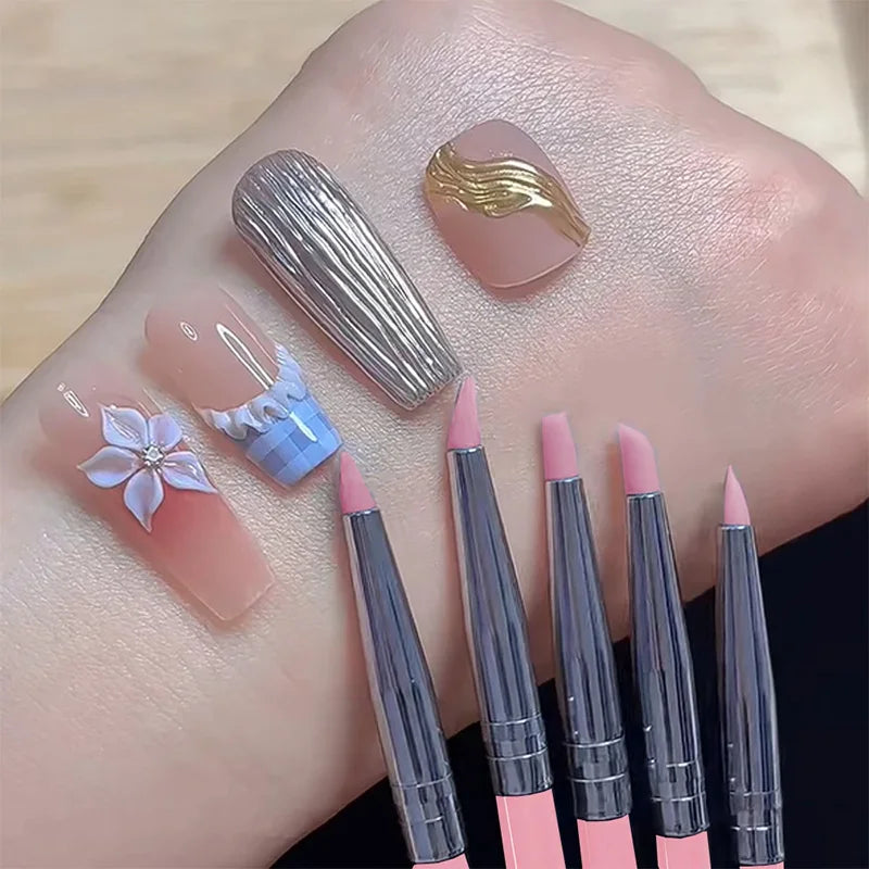 5Pcs/set Silicone Nail Brush UV Gel Polish Tip 3D Image DIY Dotting Polish Brushes Pen Professional DIY Manicure Tools