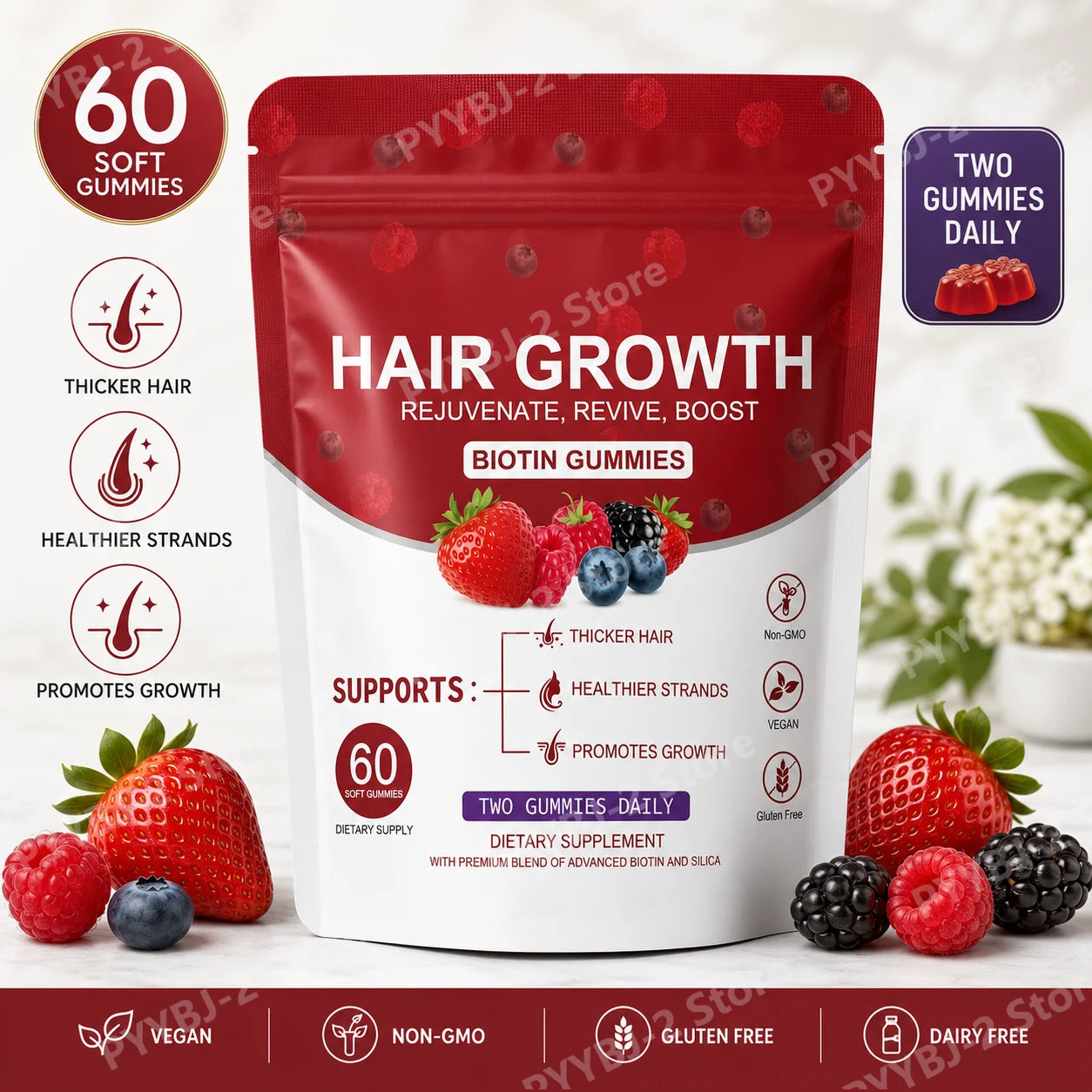 Women Hair Growth Vitamin Gummies Healthy Nourishment with Biotin Collagen Botanical Extracts Also for Skin Nail Care 60count
