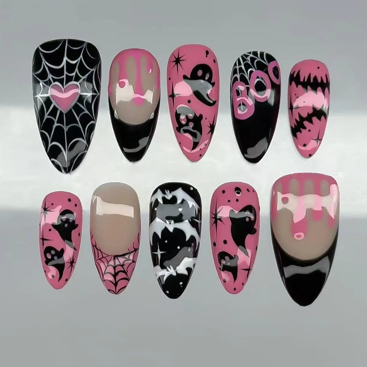 24Pcs Dark Press on Fake Nails with Black Glitter 3D Metallic Designs Sweet Cool Almond False Nails Detachable Nails Spice Girls