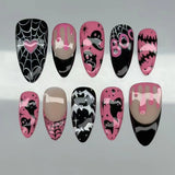 24Pcs Dark Press on Fake Nails with Black Glitter 3D Metallic Designs Sweet Cool Almond False Nails Detachable Nails Spice Girls