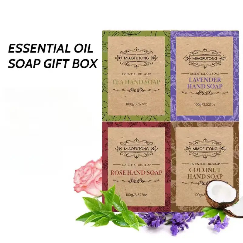 4pcs Plant Matte Pellet Soap Coconut Oil Lavender Rose Essential Oil Wash Face Wash Hand Soap Set Box Holiday Gift, Christmas