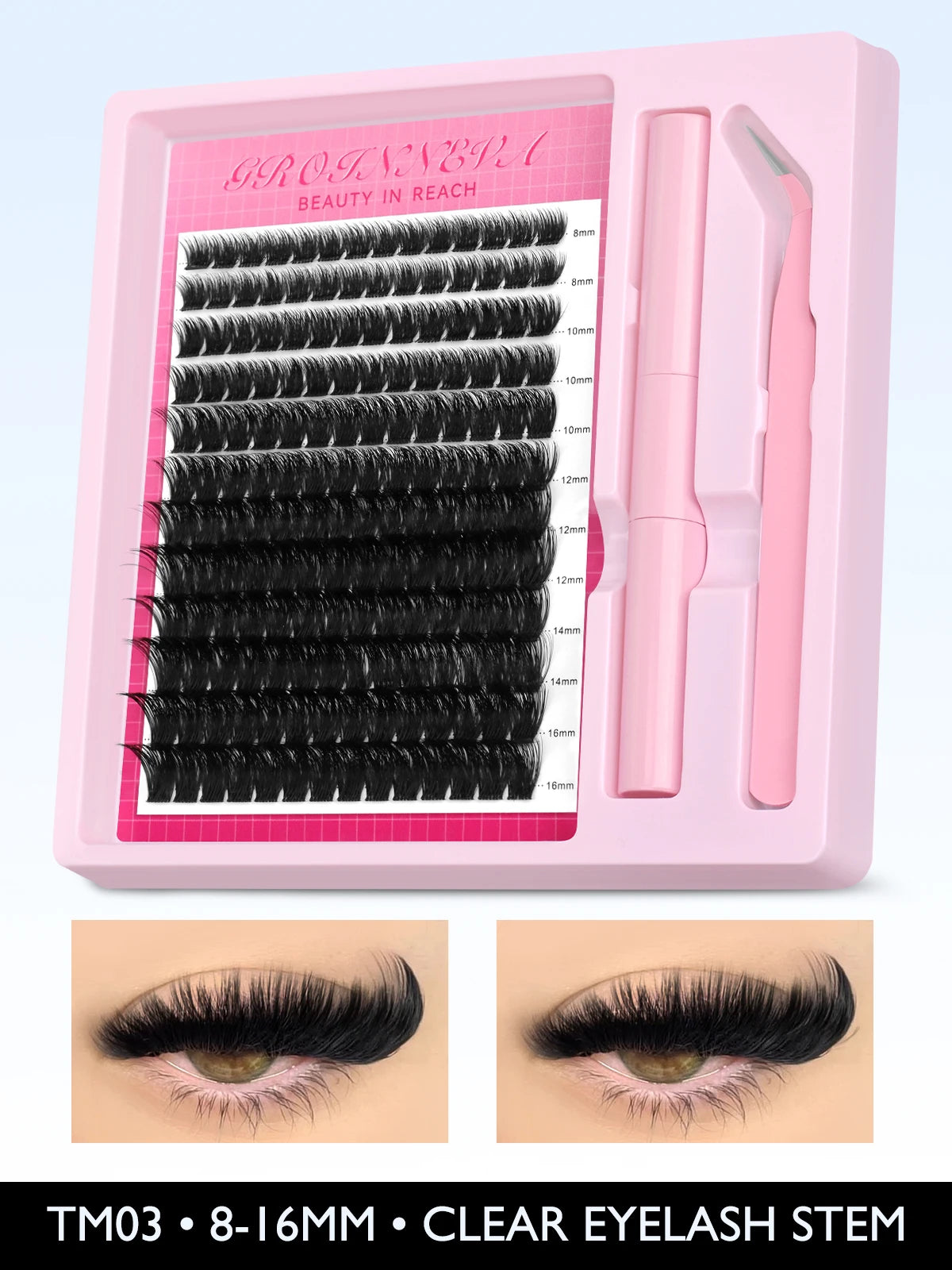 GROINNEYA Lash Clusters Kit Fluffy Individual Lashes C Curl Cluster DIY Lash Extension Kit Lash Bond and Seal Eyelash Extensions