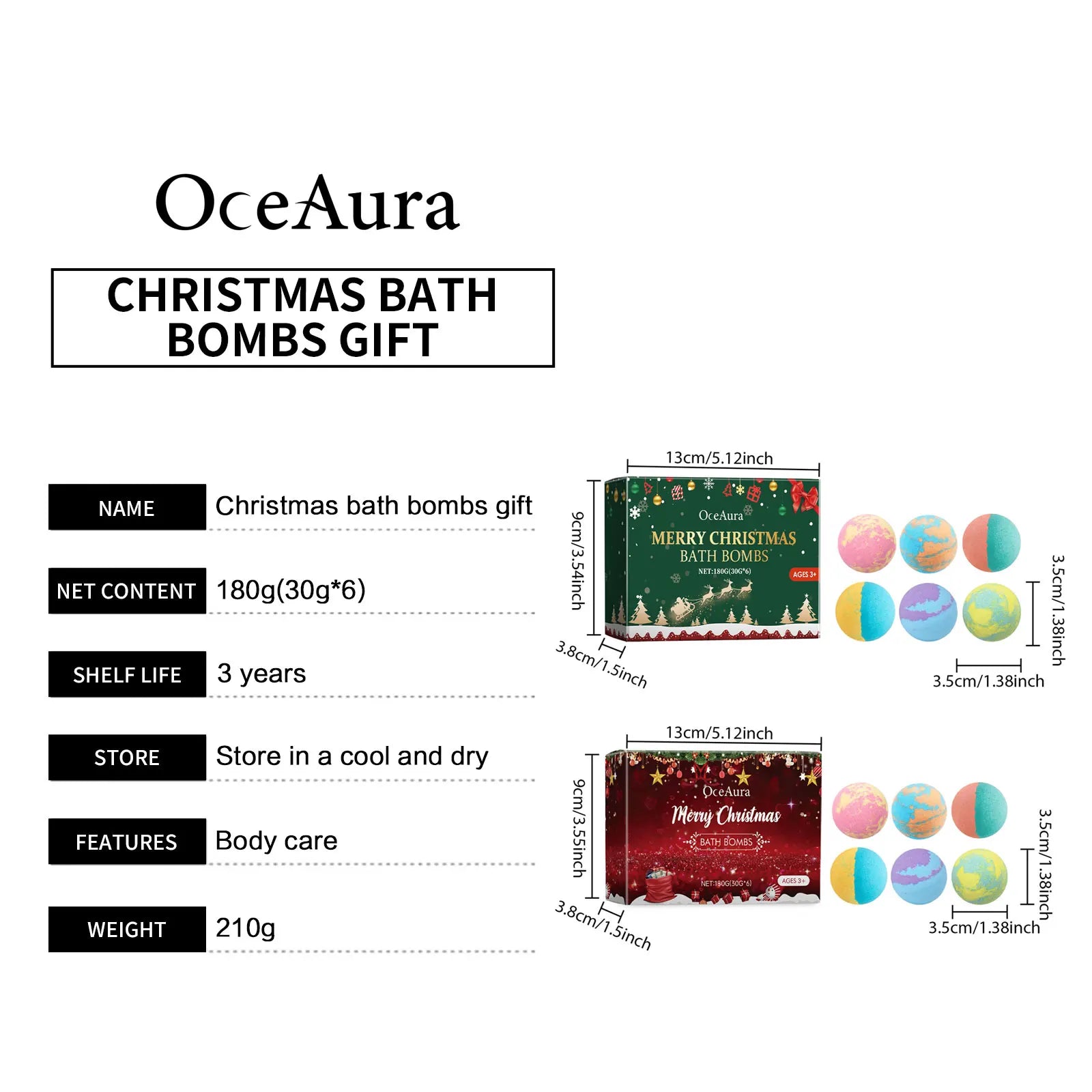 OceAura Christmas Bath Bombs Gift Set Aromatherapy Relax Stress Exfoliating Moisturize Shower Cleaner Handmade Bath Salt Ball