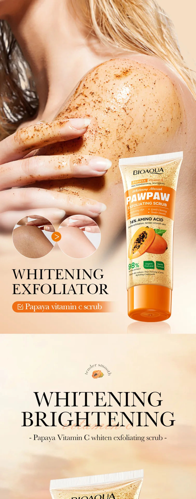 100g Papaya Vitamin C Exfoliating Scrub Cream, Hypoallergenic, Moisturizing, Exfoliation, Scented with Papaya, Deep Cleansing