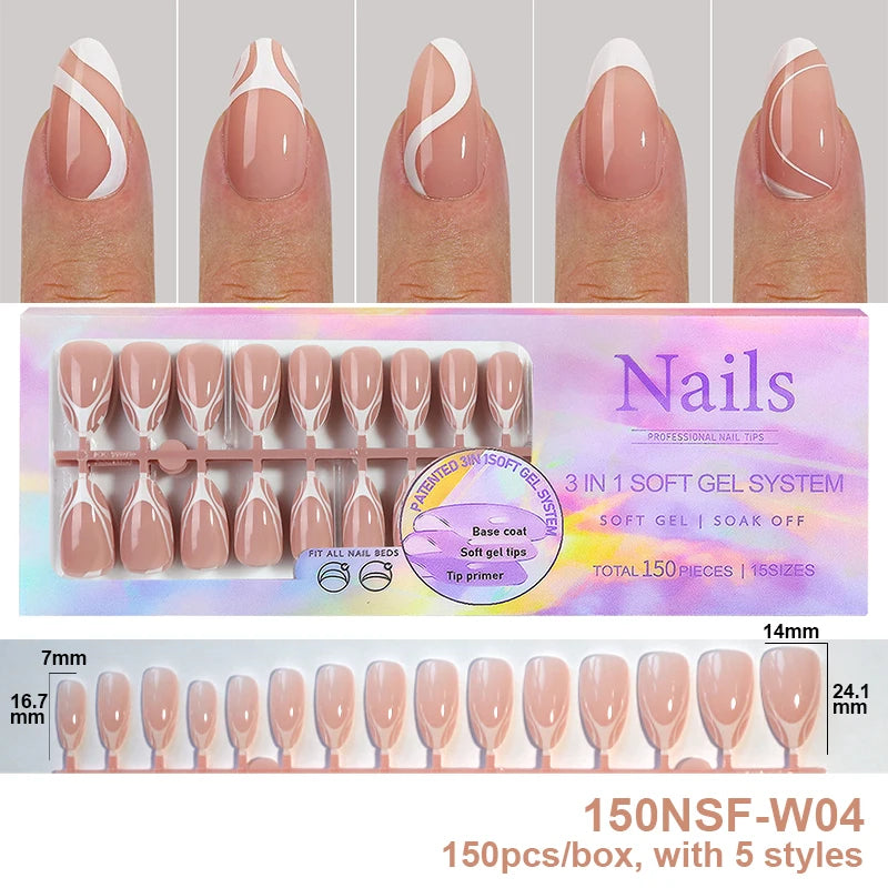 150Pcs/Box Acrylic Press on Nails Full Cover Fake False Tips Soft Gel Extension T-shaped Oval Capsule Almond Sculpted Salon DIY