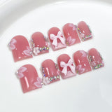 10Pcs Sweet Mid-length Ballet False Nails Art Fashion Pink Cat Eye Lovely Bow Wearable Finished Nails Set Summer Acrylic Nails