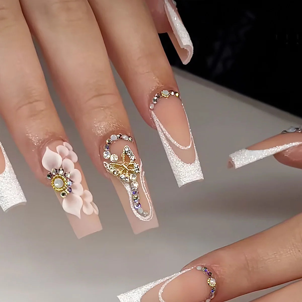 24Pcs Long Square Press on Nails Leopard Print French 3D Cherry Design False Nail Rhinestone Wearable Full Cover Fake Nails Tips