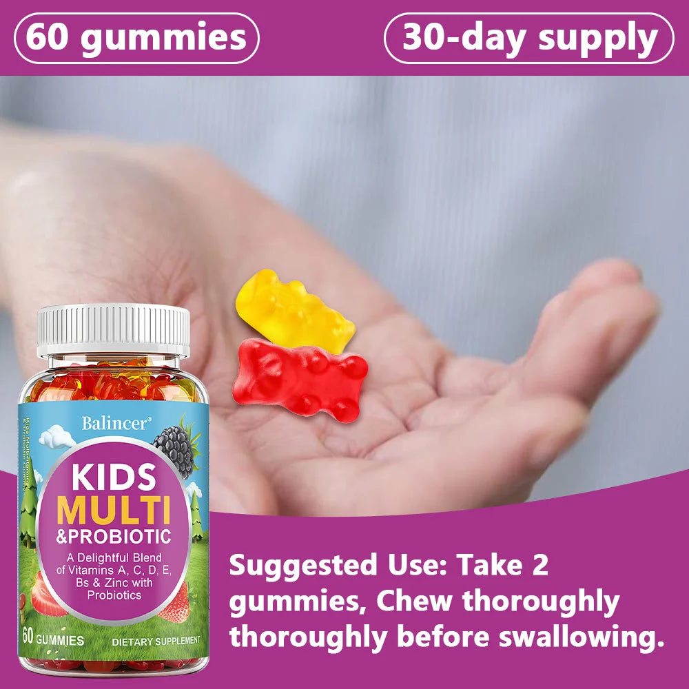 Organic Kids Multivitamin Gummies, with Vitamins A, C, D, E, Zinc, Probiotics, Promotes Digestion and Enhances Immunity