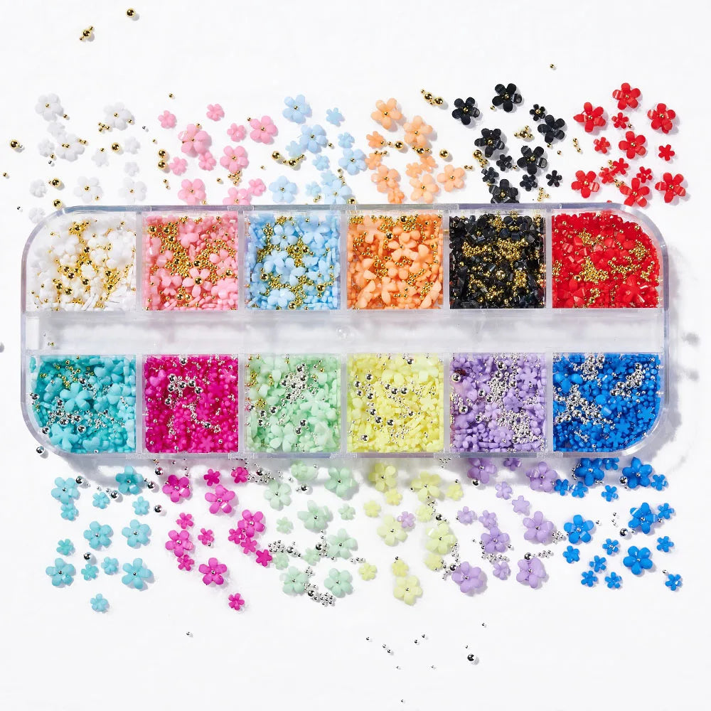 12Grid/Box Mixed Resin Bowknot Nail Charms 3D Colorful Bow Kawaii Rhinestone Nail Art Decorations DIY Manicure Parts Pen Tweezer