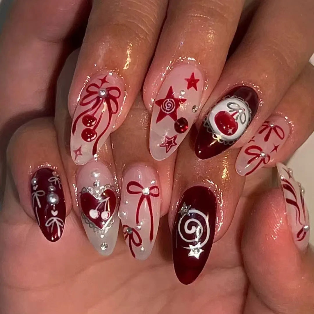 24pcs Wearable Press on Nails Strawberry Bow Design Nails Tips Red Short Almond Pearl Starlight Fake Nail Art Flower False Nails