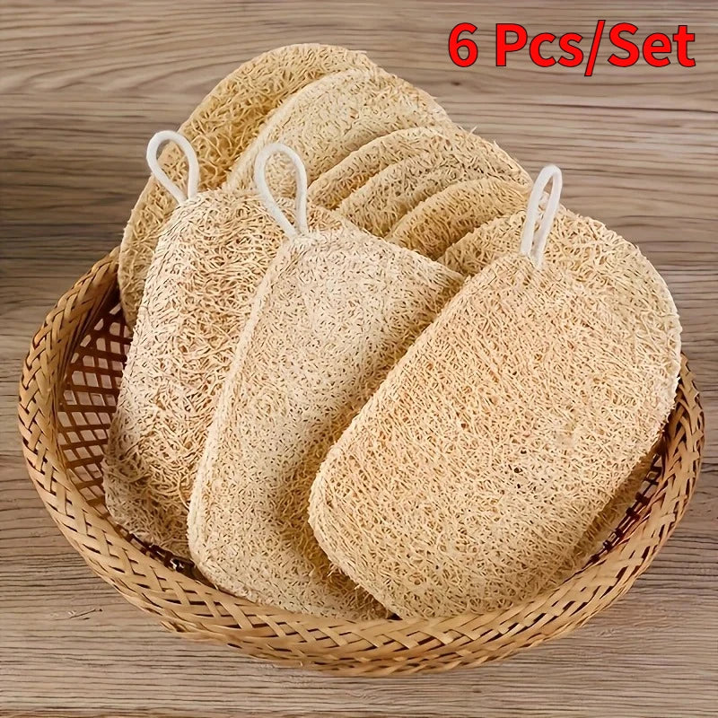4-6Pcs Natural Loofah Exfoliating Sponges - Gentle Body Scrubber for Shower & Bath, Bamboo Fiber Cleaning Pads