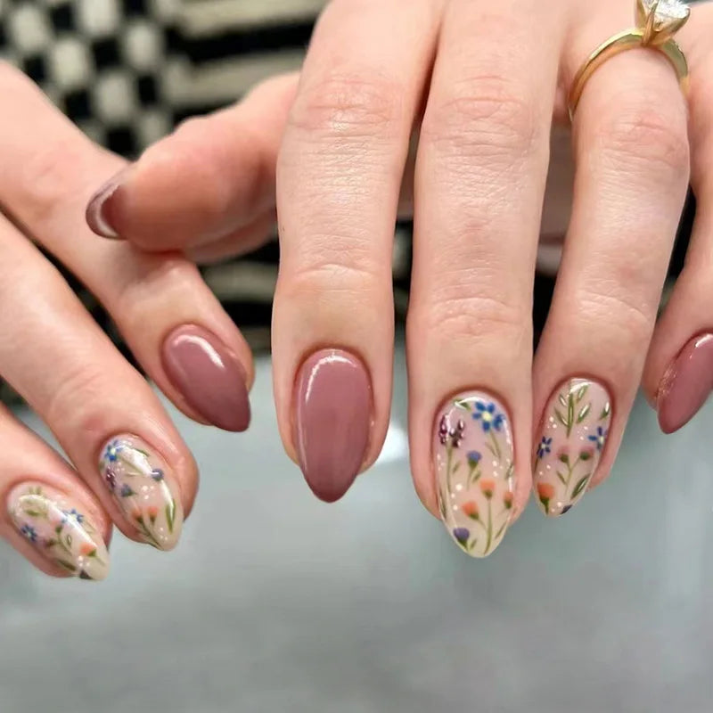 24Pcs Simple Wine Red Fake Nail with Mid-length Design Almond Press on False Nails Wearable Round Head Oval Full Cover Nail Tips